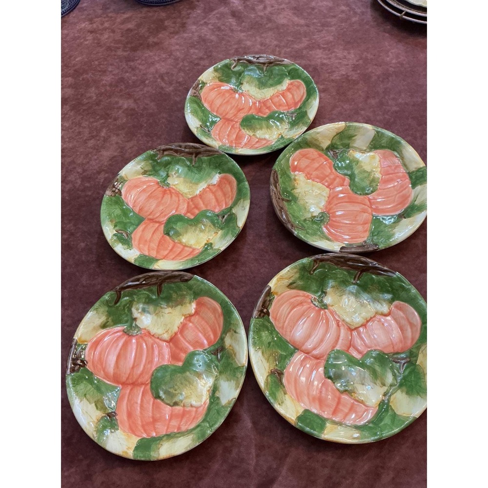 Set of 5 Hand Painted Ceramic Pumpkin Appetizer Plates Fall Harvest 6.5 Inch